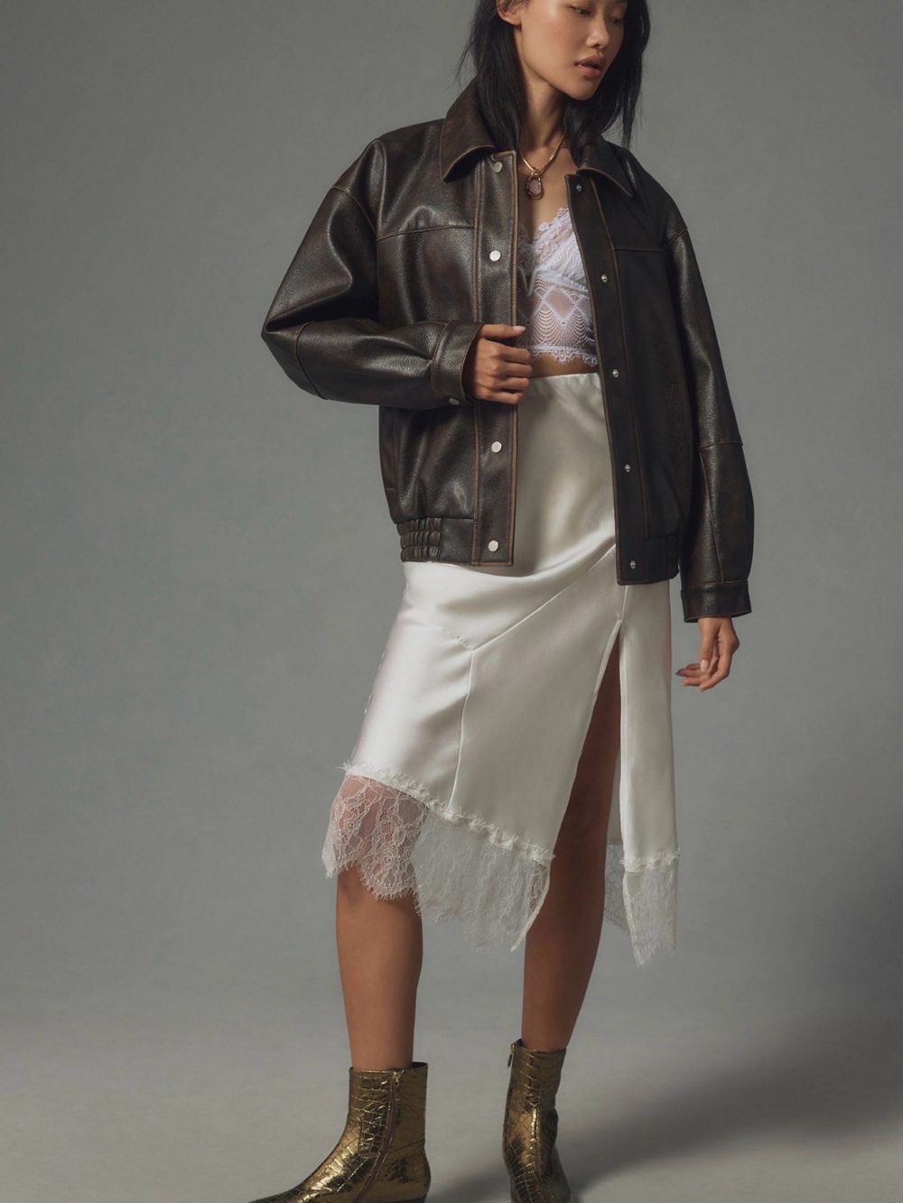 Pilcro Dark Brown Faux Leather Bomber Jacket